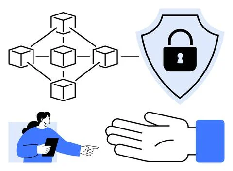 Blockchain Security Concept with Network Nodes, Shield and Locked Padlock, .. Illustrazione stock