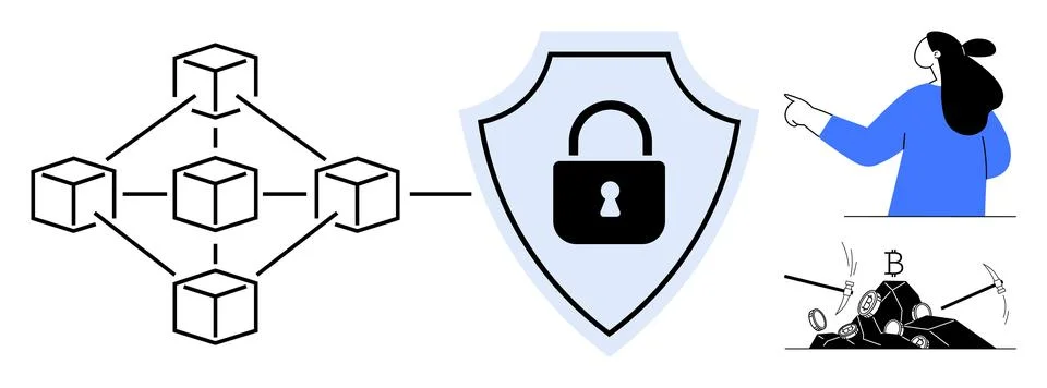 Blockchain Security with Illustrations of Network, Encryption, and Mining Stock Illustration