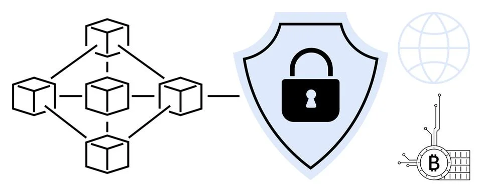 Blockchain Security with Nodes and Encryption in a Decentralized Network Stock Illustration