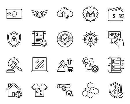 Blockchain Smart Contract NFT Technology Line Icon Set Stock Illustration