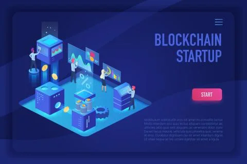 Blockchain startup team. Cryptocurrency and blockchain isometric ultraviolet Illustrazione stock