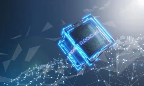 Blockchain technology with abstract background. Blockchain on a dark cube. .. Stock Illustration