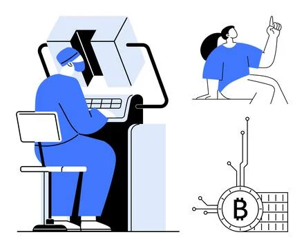 Blockchain Technology and Bitcoin Concept with Programmer and Future Vision Illustrazione stock