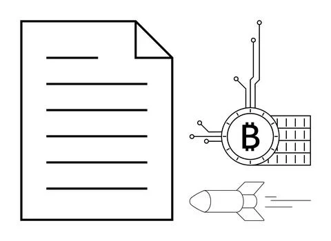 Blockchain Technology and Bitcoin Digital Document with Crypto and Rocket S.. Stock Illustration