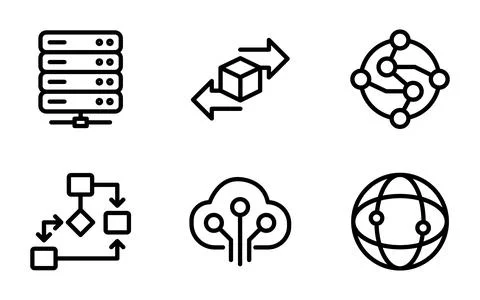 Blockchain technology and data logistics cloud computing line icon set Stock Illustration
