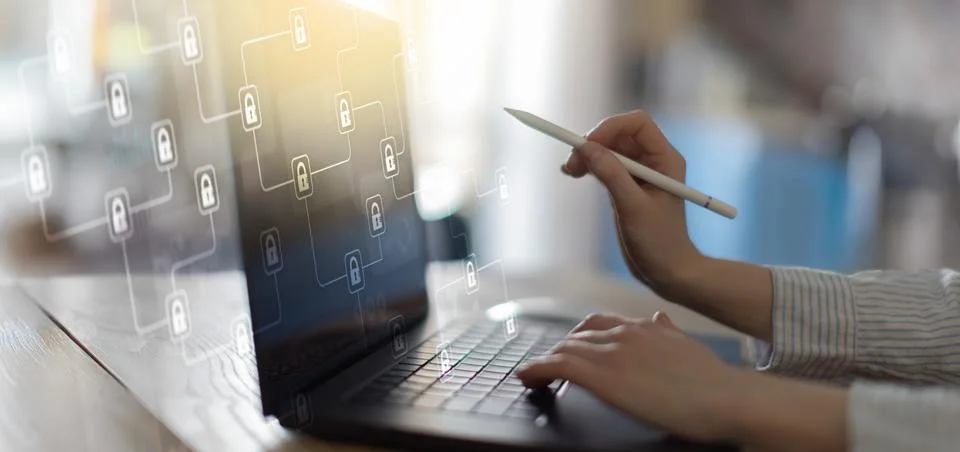 Blockchain Technology and Data Security Network Displayed on a Digital Interf Stock Photos