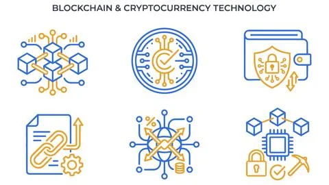 Blockchain technology and digital cryptocurrency linear outline icons Illustrazione stock