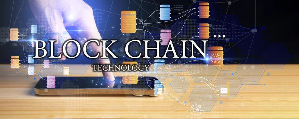 Blockchain technology and network concept. Businessman holding text blockch.. Stockfoto's