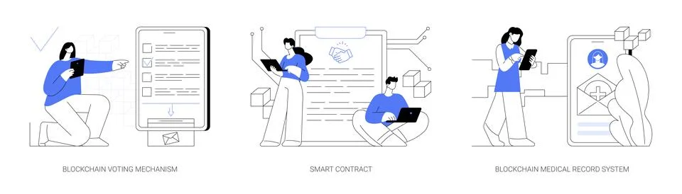 Blockchain technology applications abstract concept vector illustrations. Illustrazione stock