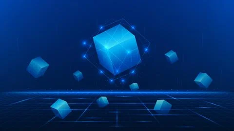 Blockchain Technology Background with Connected Blocks Network, Digital Led.. Stock Illustration