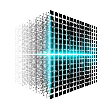 Blockchain technology. Big data cube. 3D geometric cube from small pieces. 스톡 일러스트