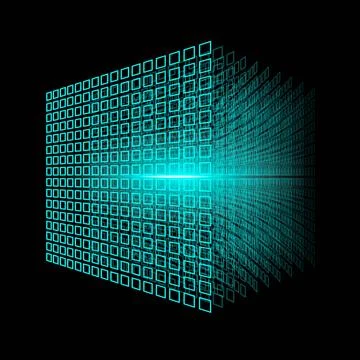 Blockchain technology. Big data cube. 3D geometric cube from small pieces. Illustrazione stock