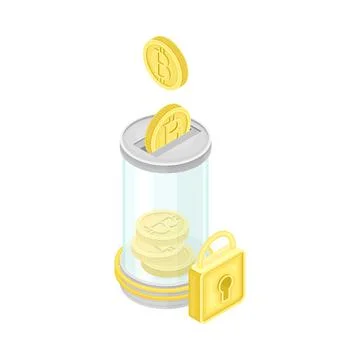 Blockchain Technology with Bitcoin Gold Coin Stored in Container and Lock Stock Illustration