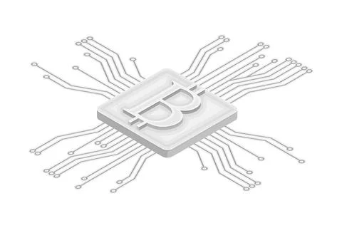 Blockchain Technology with Bitcoin Microcircuit Connection Isometric Vector 스톡 일러스트