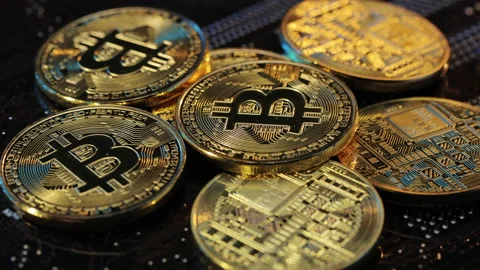 Blockchain technology, bitcoin mining concept. Lot Of Bitcoin Crypto currency Vídeo Stock 194640950