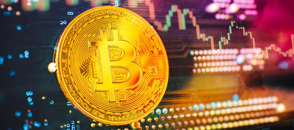 Blockchain technology bitcoin mining concept. Bitcoin golden coin on computer Stock Photos