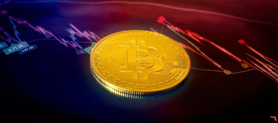 Blockchain technology bitcoin mining concept. Bitcoin golden coin on computer Stock Photos