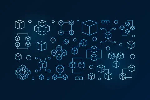 Blockchain technology blue vector line horizontal banner 스톡 일러스트