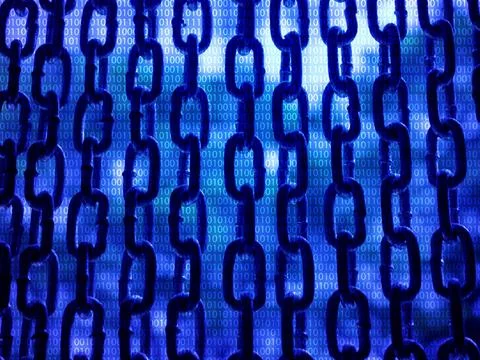 Blockchain technology concept. Abstract blue block chain, big data network ba Stock Photos