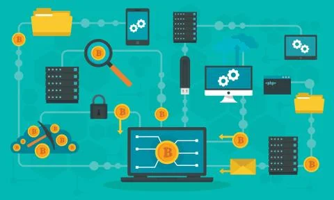 Blockchain technology concept banner, flat style Illustrazione stock