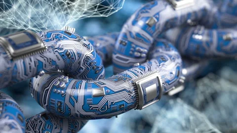 Blockchain technology concept. Chain in form of pc circuit board with cpu Stock Footage 265684224