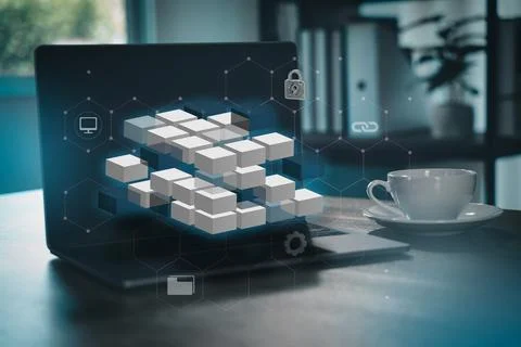 Blockchain technology concept with digital cubes and cybersecurity icons on.. Stock Photos