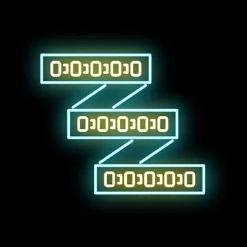 Blockchain technology concept displaying connected neon ledger blocks 库存插图