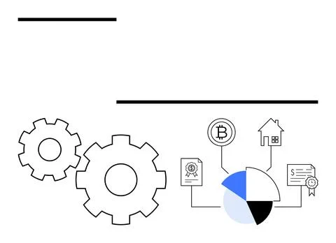 Blockchain Technology Concept with Gears, Bitcoin, Pie Chart, and House for.. Stock Illustration