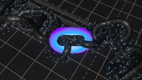 Blockchain technology concept. Glow neon chain link on dark background. 库存插图