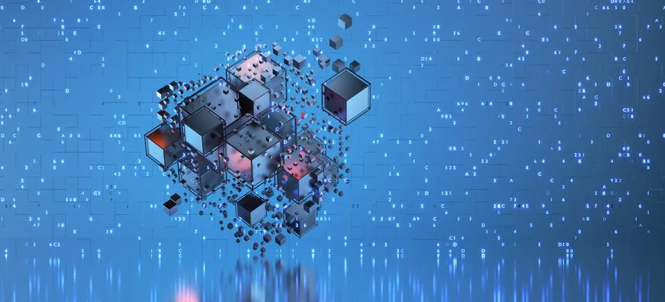Blockchain technology concept. Hi-tech Square blocks are assembled into a cubic Illustrazione stock