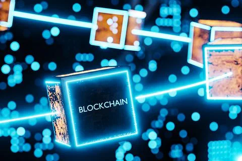 Blockchain technology concept illustration. Abstract cubes depicting blocks o 库存插图