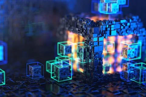 Blockchain technology. concept of a quantum computer. Abstract technological  Stock-Illustration
