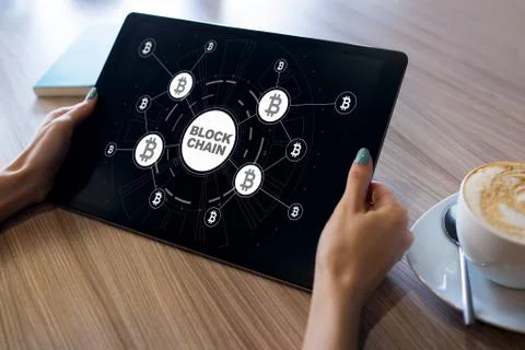 Blockchain technology concept on screen. Cryptocurrency, digital money. Stock-Fotos