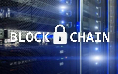Blockchain technology Concept on server background. Data encryption. Illustrazione stock