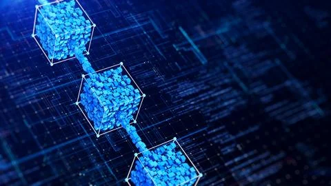 Blockchain technology concept. Small cubes gathered inside a large box on a.. Stock Illustration