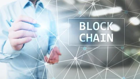 Blockchain technology concept on virtual screen. Cryptography and cryptocurrency 스톡 사진
