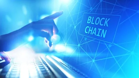Blockchain technology concept on virtual screen. Cryptography and cryptocurrency Stock Photos