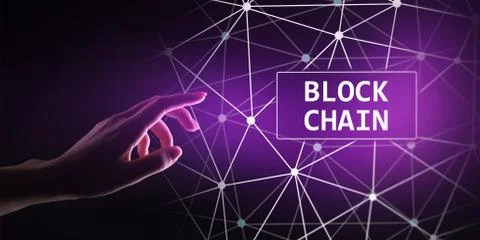 Blockchain technology concept on virtual screen. Cryptography and cryptocurrency 스톡 사진