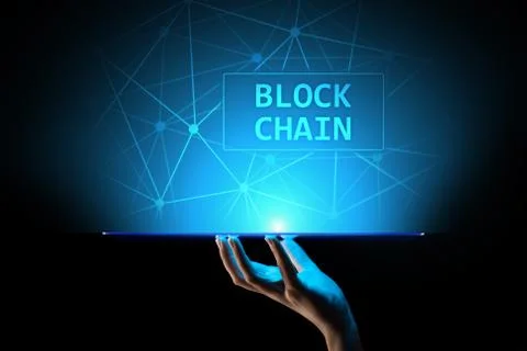 Blockchain technology concept on virtual screen. Cryptography and cryptocurrency Foto stock
