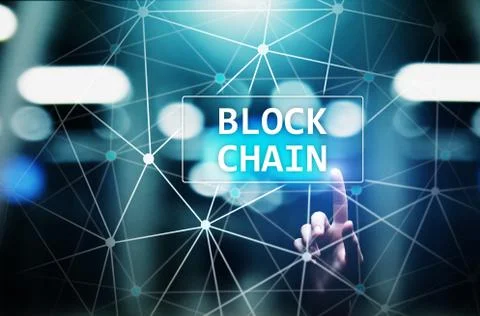 Blockchain technology concept on virtual screen. Cryptography and cryptocurrency 스톡 사진