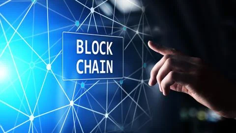 Blockchain technology concept on virtual screen. Cryptography and cryptocurrency Fotos Stock