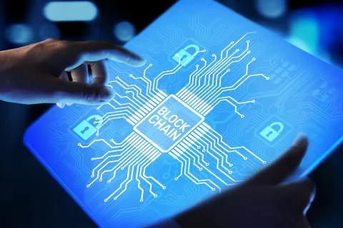 Blockchain technology concept on virtual screen. Cryptography and cryptocurrency Stock-Fotos