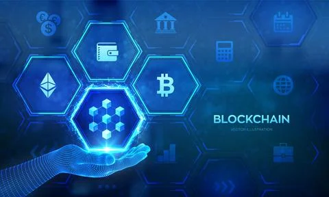 Blockchain technology concept in wireframe hand. Information blocks in cybers Stock Illustration