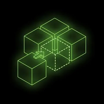 Blockchain technology connecting cubes with arrows symbolizing data transfer Stock-Illustration