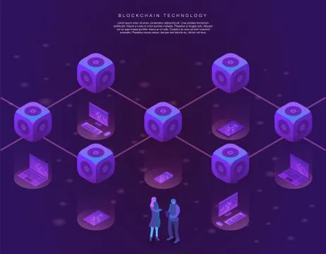 Blockchain technology connection concept banner, isometric style イラスト素材