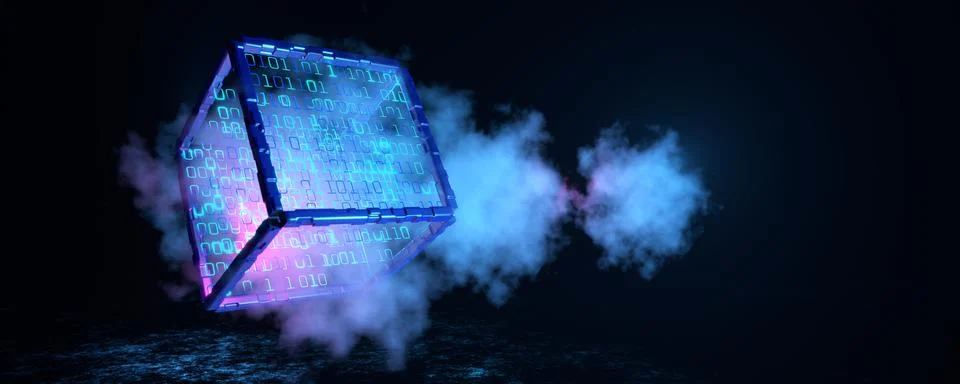 Blockchain technology cubed. Artificial intelligence, cube with numbers. Bi.. Stock Illustration