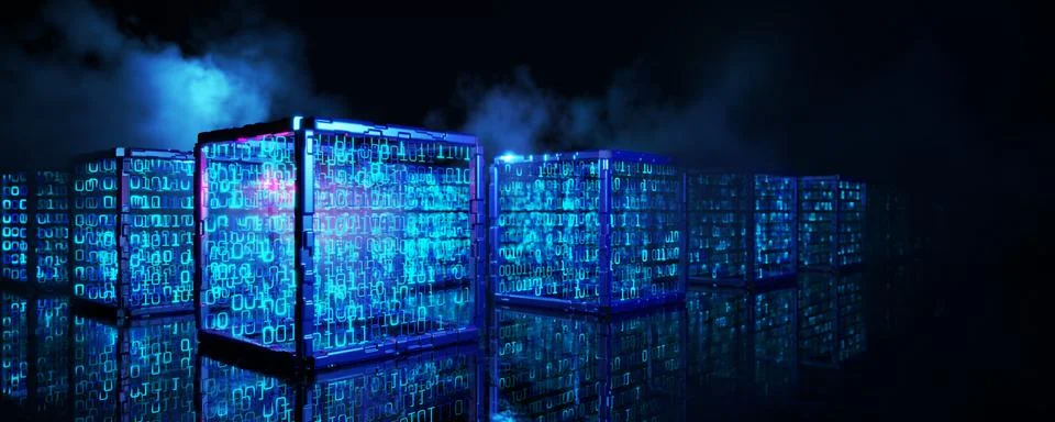 Blockchain technology cubed. Big data. Artificial intelligence, cube with n.. Stock Illustration