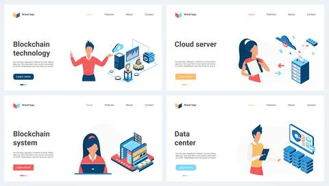 Blockchain technology, data center, database cloud server isometric set and tiny Stock Illustration