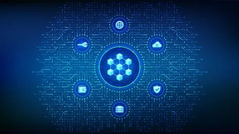 Blockchain technology. Decentralized network. Fintech cryptocurrency. Infor.. 库存插图