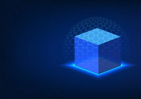 Blockchain technology featuring square block protect by a hexagonal shield... 스톡 일러스트